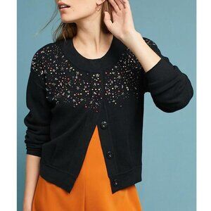 Anthropologie Beaded Stars Cardigan Sweater Womens Small Black Crop Snap Front